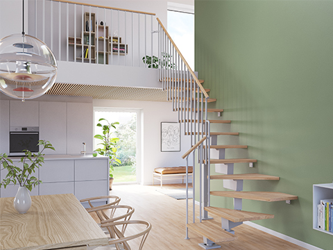 Escalier avec main courante en acier et bois