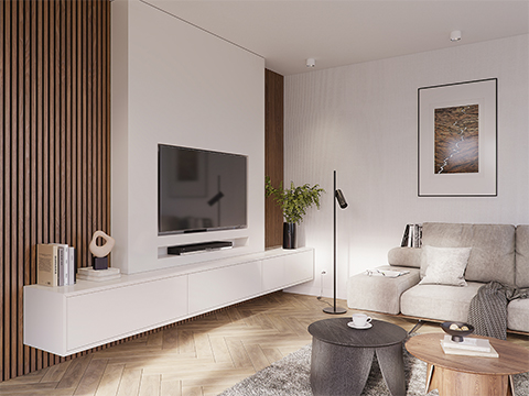 Woonkamer lattenwand walnoot
