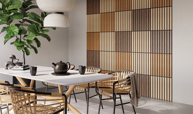 Decowall akoestische wandtegels in verschillende houttinten
