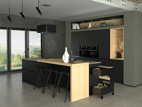 Moderne zwarte keuken met hout