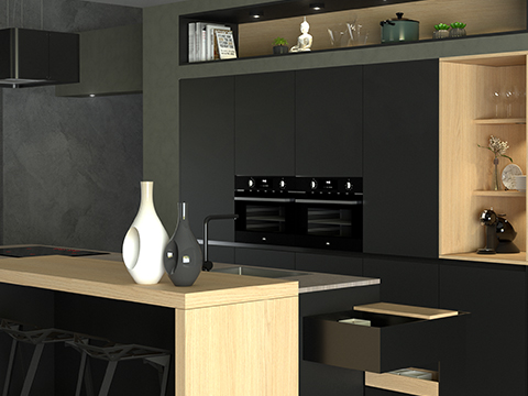 Moderne zwarte keuken met hout