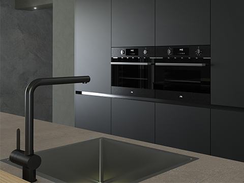 Moderne zwarte keuken met hout
