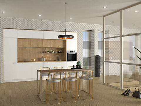 Moderne witte keuken met hout